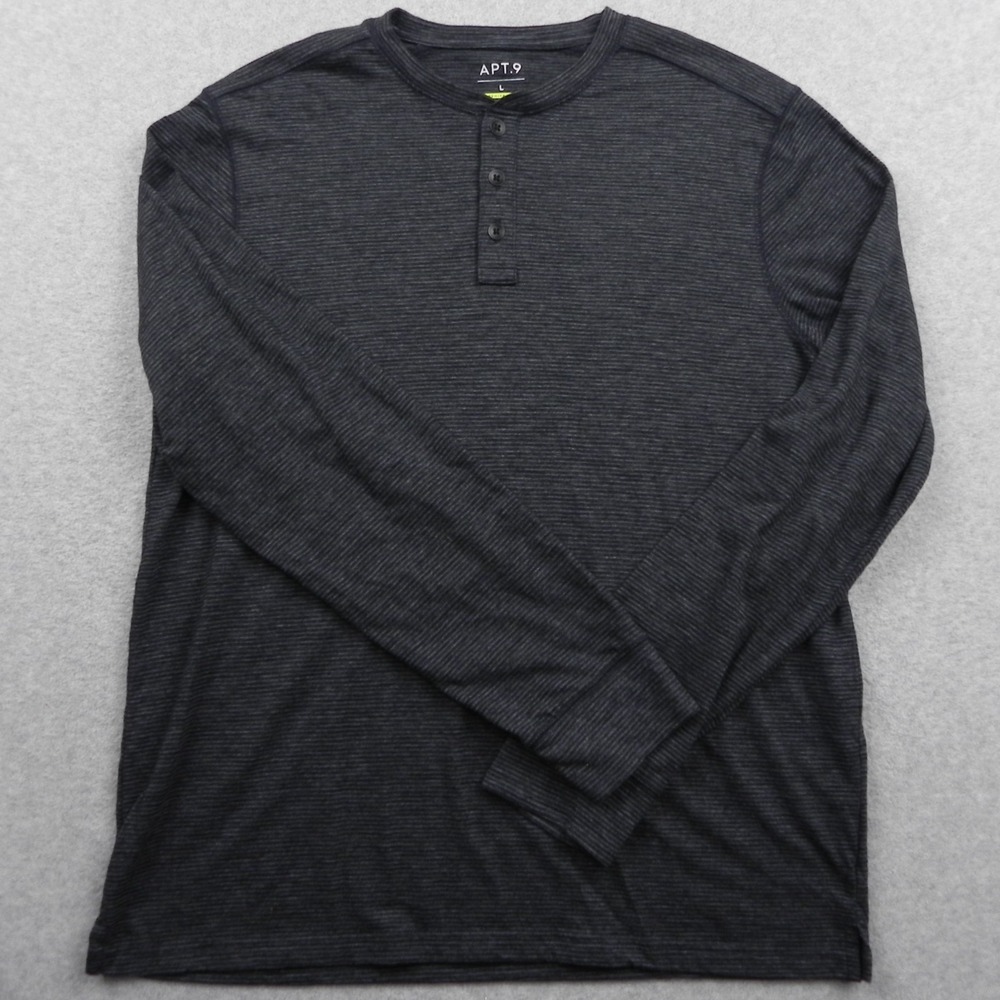 Apt 9 Henley T-Shirt Mens Large Premier Flex Tee Dark Gray Striped Long Sleeve